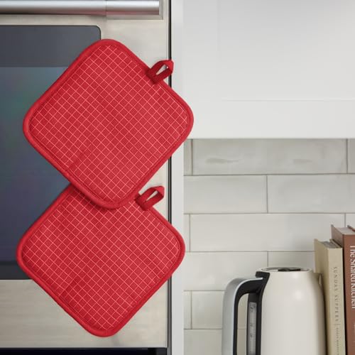 KITCHENAID Gourmet Series Gridlines Pot Holders 2-Pack Set, Heat Resistant up to 600°F, Soft Silicone Grip, Magnetic Cuff, Passion Red, 8"x8" - color: Passion Red