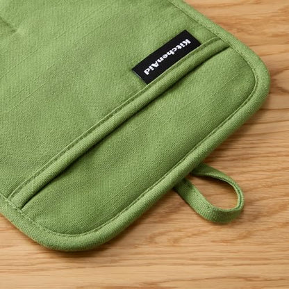 KITCHENAID Gourmet Series Gridlines Pot Holders 2-Pack Set, Heat Resistant up to 600°F, Soft Silicone Grip, Magnetic Cuff, Matcha Green, 8"x8" - color: Matcha Green