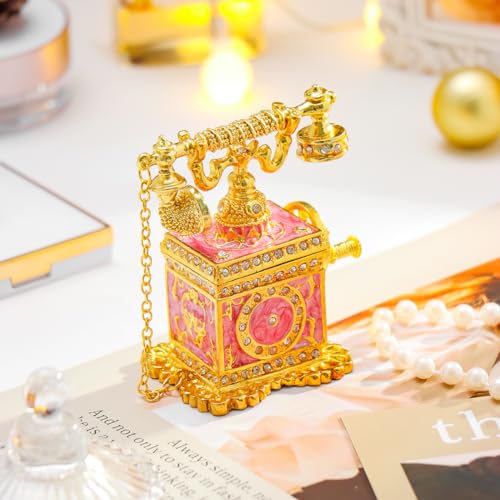 QIFU Elegant Pink Telephone Shaped Enameled Trinket Box Hinge, Unique Jewelry Storage Box - color: T5 Pink