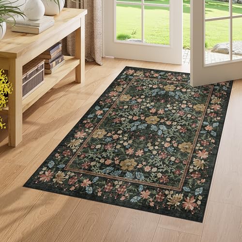 DUKINO 3x4 Area Rug for Entryway Washable Vintage Floral Rug Non Slip Black | Low Pile, Non-Shedding, Stain Resistant, Lightweight Soft Small Carpet for Kitchen Bathroom Bedroom Dining Room Farmhouse - color: Black, size: 3' x 4' (Rectangular)