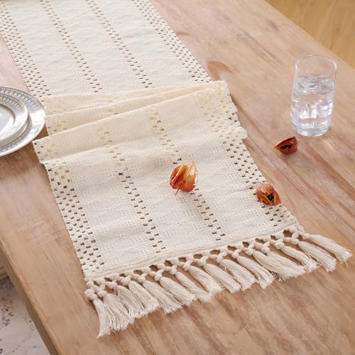 Fancy Homi Cream Table Runner 48 Inches Long Boho Macrame Ivory Table Runner for Home Decor, Farmhouse Table Runners with Tassels for Party Bohemian Rustic Bridal Shower Dining Decor 12x48 Inches - color: Cream, size: 12" x 48"