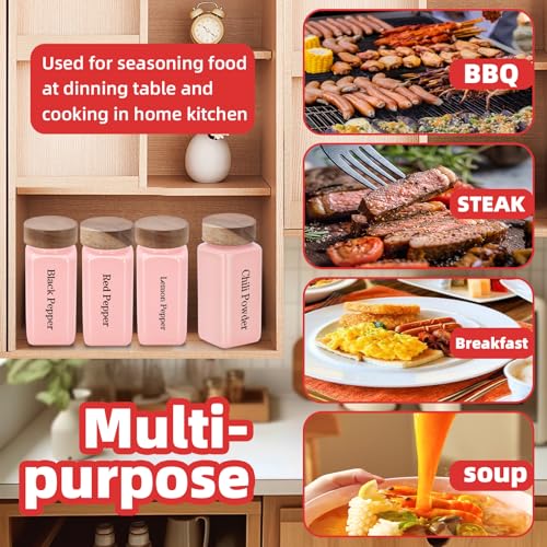 6Pcs 4 oz Square Glass Spice Jars with Label, Empty Spice Containers with Wooden Lids, Square Seasoning Containers and Supplement Set, Small Seasoning Bottles for Salt, Sugar, Pepper (Pink) - color: Pink