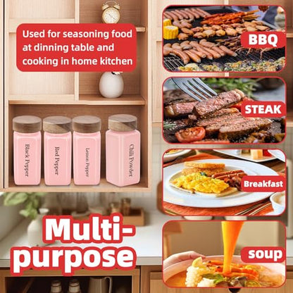 6Pcs 4 oz Square Glass Spice Jars with Label, Empty Spice Containers with Wooden Lids, Square Seasoning Containers and Supplement Set, Small Seasoning Bottles for Salt, Sugar, Pepper (Pink) - color: Pink