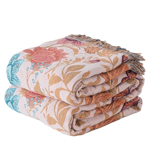 Phuryllic Boho Throw Blanket Throw Size, Soft Cozy Cotton Muslin Quilt Blanket for Bed Decor, Floral Patterned Couch Sofa Chair Cover, Vintage Farmhouse Cottage Tapestry Woven Blanket, Coral&Green - color: Butterfly Waltz, size: 50" x 60"