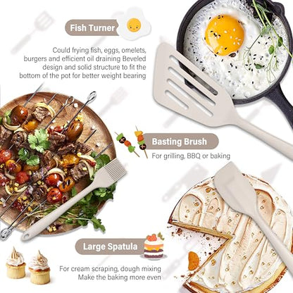 HaWare 11 PCS Silicone Cooking Utensils Set, Heat Resistant Kitchen Utensils with Holder, Food-grade Spatula Sets for Nonstick Cookware, Kitchen Tools Gadgets Include Fish Turner, Spoon (Khaki) - color: Khaki