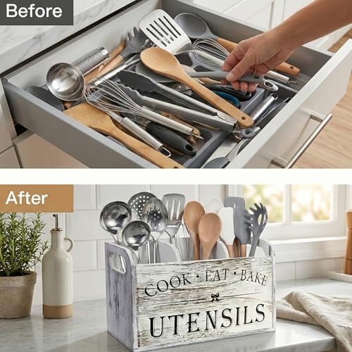 Rustic White Wooden Utensil Holder for Kitchen Counter Decor,Extra Large Kitchen Utensil Holder Silverware Caddy Farmhouse Wood Cutlery Holder Cooking Utensil Stand Storage kitchen Tools Holder