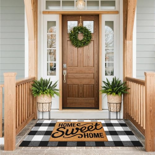 KIMODE Buffalo Plaid Outdoor Rug Runner Doormat 24'' x 51", Black/White Cotton Woven Checkered Fall Farmhouse Porch Rugs, Washable Indoor Door Mat for Front Layered Kitchen Bathroom Laundry Room | Checkered，Black and White,24"x51",Fall Farmhouse，Woven，Was