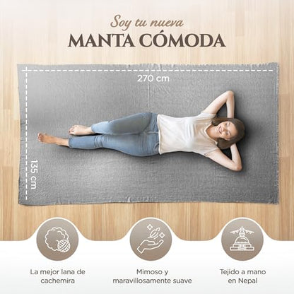 Cashmere Blanket – Hand Woven 100% Pure Wool Throw Blanket, 135 x 270 cm – Fine Herringbone Pattern Cozy, and Soft Blanket for Bed, Sofa, or Couch - Made in Nepal - color: Grey