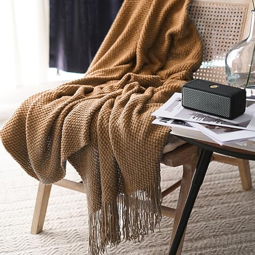 LOMAO Knitted Throw Blanket with Tassels Bubble Textured Lightweight Throws for Couch Cover Home Decor (Khaki, 60x90) - color: Khaki, size: 60x90"