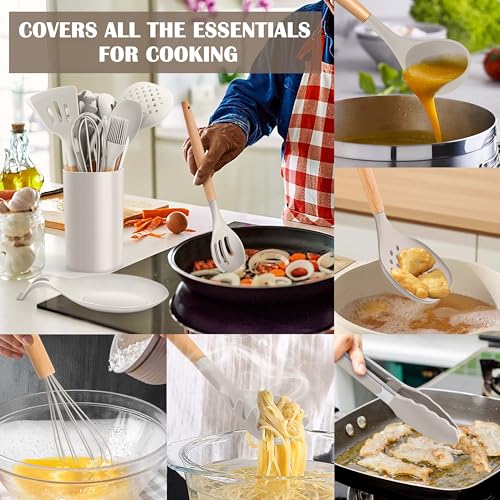 E-far Silicone Kitchen Utensils Set with Holder, 25-Piece Cooking Utensil Set with Wooden Handle for Nonstick Cookware, 446°F Heat Resistant Kitchen Tool Spatula Tong Whisk, Non-toxic & Healthy, Khaki - color: Khaki, size: 25