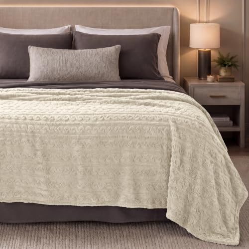 Bare Home Faux Shearling Blanket (Full/Queen, Cable Oyster) | Blanket for Bed, Sofa, Couch, Camping, Travel, and Gifts, Warm & Lightweight, Fluffy & Soft - color: 14 - Cable Oyster, size: Full/Queen
