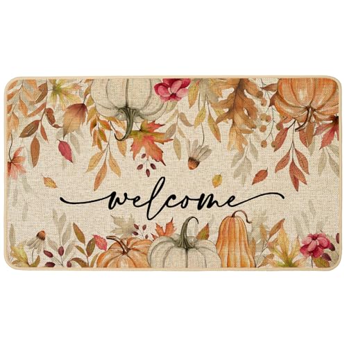Baccessor Fall Pumpkins Leaf Doormat Indoor Outdoor Outside Autumn Thaksgiving Decorative Front Welcome Door Mat Non-Slip Rubber Backing Seasonal Kitchen Entrance Floor Decoration 17 x 29 Inch - size: 1'5" x 2'5" (Rectangular)
