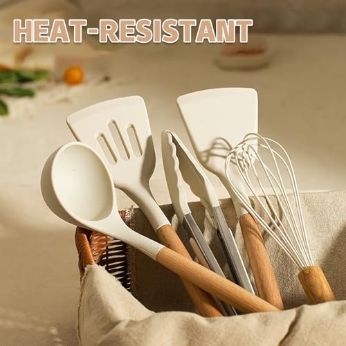 Umite Chef Kitchen Cooking Utensils Set, 33 pcs Non-stick Silicone Cooking Kitchen Utensils Spatula Set with Holder, Wooden Handle Silicone Kitchen Gadgets Utensil Set (Cream White) - color: Cream White