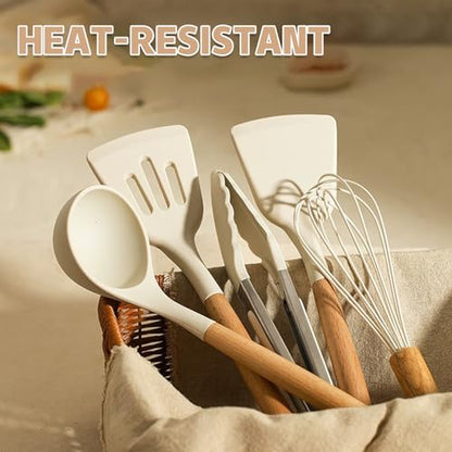Umite Chef Kitchen Cooking Utensils Set, 33 pcs Non-stick Silicone Cooking Kitchen Utensils Spatula Set with Holder, Wooden Handle Silicone Kitchen Gadgets Utensil Set (Cream White) - color: Cream White
