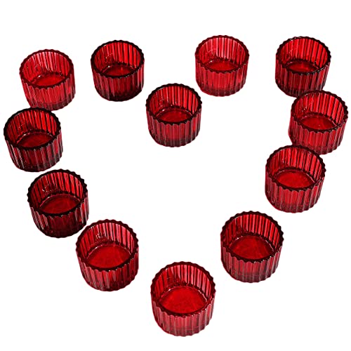 VOHO Red Candle Holders for Table Centerpiece, Set of 12 Tea Light Holder | Glass Ribbed Tealight Candle Holder for Tealight Candles, Small Votive Candle Holders for Her Valentine Christmas(2x1.4 Inch) - color: Red