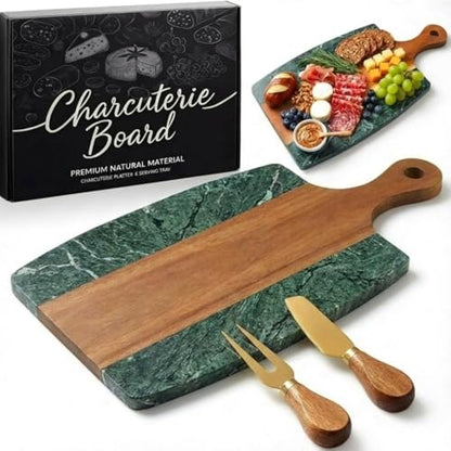 Green Marble Cutting Board Marble and Wood Charcuterie Board Gift Set House Warming Gifts New Home with Cheese Knives Acacia Cheese Platter with Handle for Valentine's Day Wedding Party Gift(Square) - style: Square