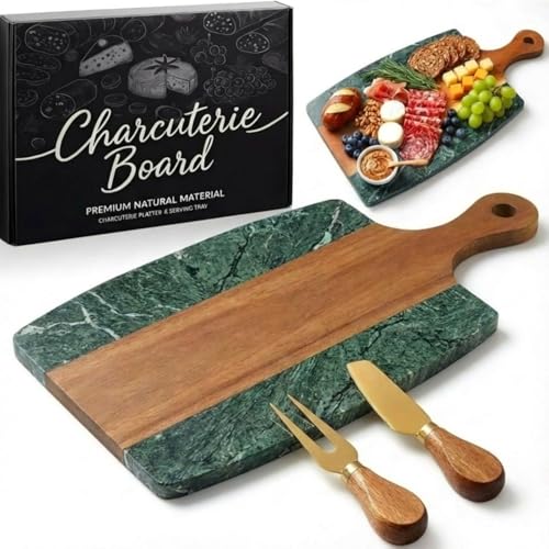 Green Marble Cutting Board Marble and Wood Charcuterie Board Gift Set House Warming Gifts New Home with Cheese Knives Acacia Cheese Platter with Handle for Valentine's Day Wedding Party Gift(Square) - style: Square