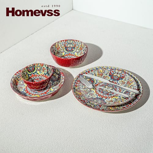 Boho 10 Pieces Dinnerware Sets, Plates and Bowls Set, Porcelain Dishes Set for 2, Microwave and Dishwasher Safe, Scratch Resistant, Bohemian Style Dining Ware, Red - color: Red
