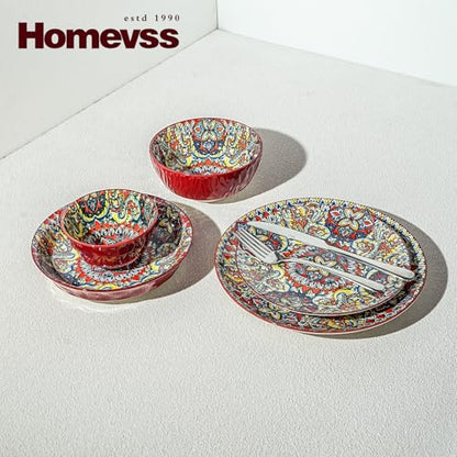 Boho 10 Pieces Dinnerware Sets, Plates and Bowls Set, Porcelain Dishes Set for 2, Microwave and Dishwasher Safe, Scratch Resistant, Bohemian Style Dining Ware, Red - color: Red
