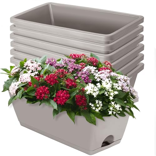 LOCONHA 7 Pack Window Box Planter, Plastic Vegetable Flower Planters Boxes | 17 Inches Rectangular Flower Pots with Saucers, Indoor Outdoor Garden Patio, Home Decor (French Grey) - color: French Grey