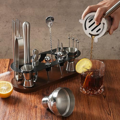 23-Piece Cocktail Shaker Set with Stand, 304 SS, Bartender Kit Gift | Complete Home Bar Set: Leak-proof Shaker, Jigger, Muddler, 18/8 Steel, Gift for beginners, cocktail lovers & house parties - color: chocolate-y
