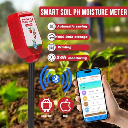 Soil Moisture Meter with App Control Digital Soil Test Kit for Plants pH Sunlight Intensity Fertility Low Price Soil pH Meter Thermometer Humidity Tester for Garden Lawn Farming
