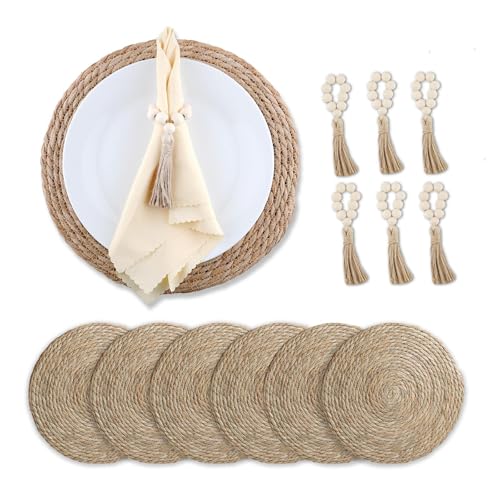 Boho Woven Placemats Set of 6 with Wooden Napkin Rings, 13" Natural Water Hyacinth Table Mats Charger Plates for Christmas Decorations, Thanksgiving, Rustic Dining & Home Decor
