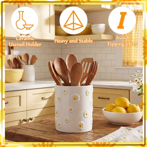 LemonRoad Daisy Utensil Holder for Kitchen Counter,Ceramic Cooking Utensil Crock Modern Farmhouse Countertop Organizer for Spatula Ladle Kitchen Counter Decor - style: Daisy