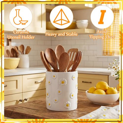 LemonRoad Daisy Utensil Holder for Kitchen Counter,Ceramic Cooking Utensil Crock Modern Farmhouse Countertop Organizer for Spatula Ladle Kitchen Counter Decor - style: Daisy