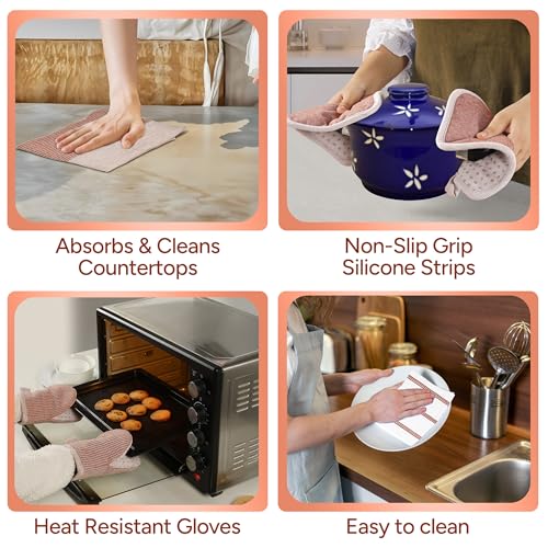 Casa Platino Potholders for Kitchens, 8-Piece – 500°F Heat Resistant Oven Mitts and Pot Holders, Mini Oven Mitt with Silicone Grip, 2 Kitchen Towels & 2 Dish Cloths – Durable & Non-Slip – Canyon Rose - color: 10: Oven Mitts - Canyon Rose, size: Oven Mitt