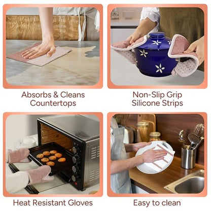Casa Platino Potholders for Kitchens, 8-Piece – 500°F Heat Resistant Oven Mitts and Pot Holders, Mini Oven Mitt with Silicone Grip, 2 Kitchen Towels & 2 Dish Cloths – Durable & Non-Slip – Canyon Rose - color: 10: Oven Mitts - Canyon Rose, size: Oven Mitt