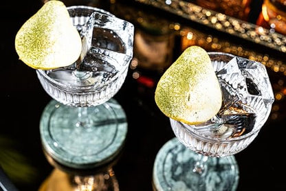 GLASSIQUE CADEAU Vintage Ritzy Cocktail and Champagne Coupe Glasses | Set of 4 | 7 oz Crystal Long Stemmed Glassware for Drinking Martini, Cosmopolitan, Manhattan | Retro Saucers