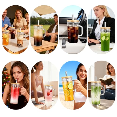 Birity 24oz Glass Cups with Lids and Straws,Glass Tumbler with Handle,2 set–Reusable Glass Ice Coffee Cups with Lid and Straw for Smoothies,Tea,Juice,Boba Cup for Cold & Hot Drinks,Travel Cup - color: 24 oz 2-pack classic