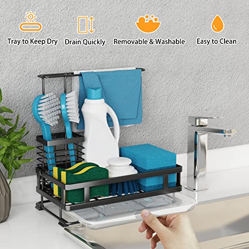 Kitchen Sink Organizer with Brush Rack - Sink Caddy with Drain-Pan | Stainless Steel Sponge Holder for Kitchen Sink with Towel Rack, Organizer for Dish Soap Dispenser, 10.5"L × 5.9"W × 10.5"H