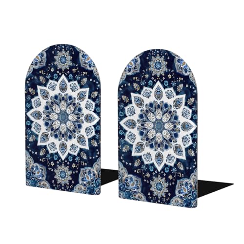 Blue Mandala Abstract Ethnic 2Pcs Book Ends for Shelves Non-Skid Wood Bookends Decorative Back to School Books Holders Book Stoppers Bookshelf Accessories for Desk Home Office School Decor (1 Pair) - color: Blue Mandala Abstract Ethnic