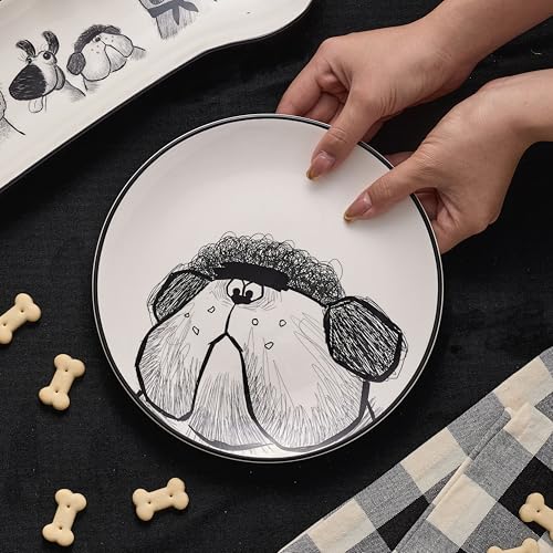 Bico Doodle Pawtrait Ceramic Salad Plates Set of 4, 8.75 Inch Dessert Plates for Salad, Appetizer, Side Dishes, Microwave and Dishwasher Safe, Gift for Housewarming and Thanksgiving - color: Doodle Pawtrait