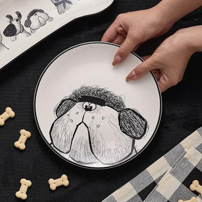 Bico Doodle Pawtrait Ceramic Salad Plates Set of 4, 8.75 Inch Dessert Plates for Salad, Appetizer, Side Dishes, Microwave and Dishwasher Safe, Gift for Housewarming and Thanksgiving - color: Doodle Pawtrait