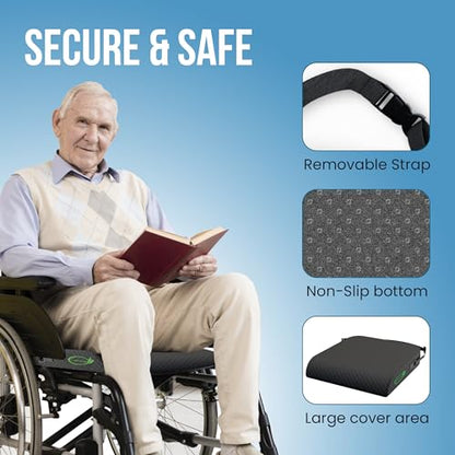 Extra Large Wheelchair Seat Cushion - for Sciatica and Lower Back Pain Relief, Anti-Slip, Removable Strap, Coccyx Pain Relief, 19” X 17” X 3” (Black) - color: Black