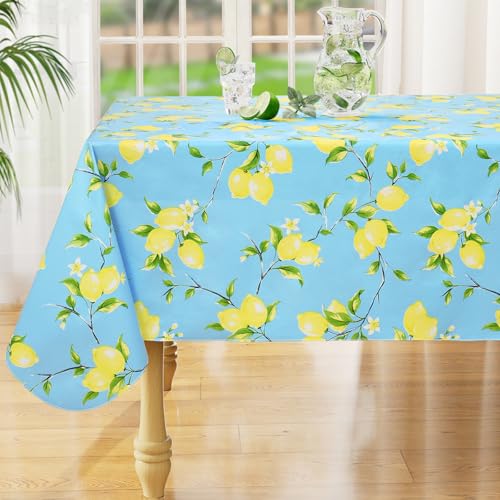 Rectangle Waterproof Vinyl Table Cloth, Wipeable Tablecloth with Flannel Backing, Plastic Table Cover for Dinner, Picnic, Indoor and Outdoor (Lemon, 52" x 70") - color: Blue, size: 70" x 52" (Rectangular)