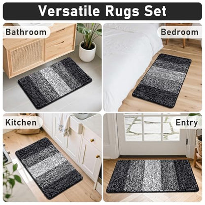 Bsmathom Bathroom Rug Set 4 Piece, Plush Microfiber Bath Mat, Black | Extra Water Absorbent, Non Slip Washable Runner Bath Rugs with Toilet Lid Cover and U-shaped Contour Toilet Mat - color: Black, size: 18"x26"+18"x48"+U20"x24"+Cover19"x21"