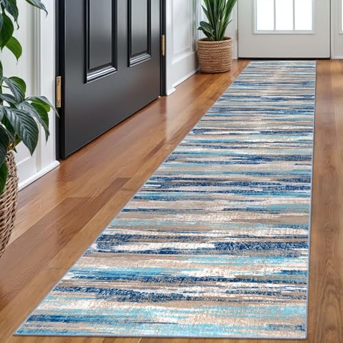Lansny Abstract 2x10 Runner Rug Washable Runners for Hallway Non Slip | Blue;Thin Printed Faux Wool Runners;Rubber Backed Floor Carpet Runners 10ft;Extra Long Runner Rug for Hall Entryway - color: Blue Aqua/Beige Taupe Multi, size: 2' x 10' (Runner)