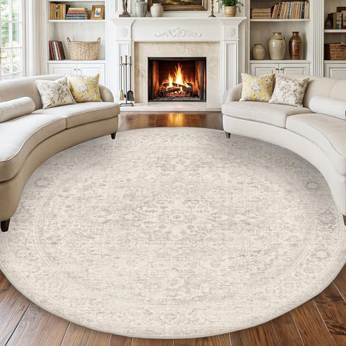 FMFUNCTEX 6ft Round Washable Beige Neutral Oriental Living Room Area Rug | Cream Circle Distressed Vintage Non Slip Low Pile Soft Thin Small Accent Indoor Carpet Bedroom Dining Room Table Living Room - color: Beige, size: 6' (Round)