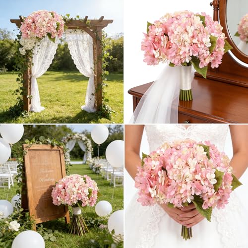 Kimura's Cabin 6pcs Fake Hydrangeas Flowers Artificial Silk Hydrangea,Pink | Faux Hydrangea with Stems,Wedding Party Bouquets Arrangements,Home Table Centerpieces,Farmhouse Garden Decoration,Vase Filler - color: Pink