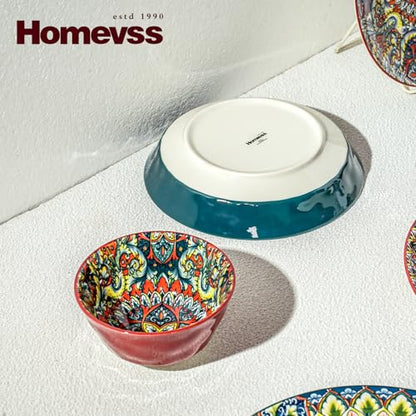 Boho 10 Pieces Dinnerware Sets, Plates and Bowls Set, Porcelain Dishes Set for 2, Microwave and Dishwasher Safe, Scratch Resistant, Bohemian Style Dining Ware, Mixed Colors of Green & Red - color: Mixed 1