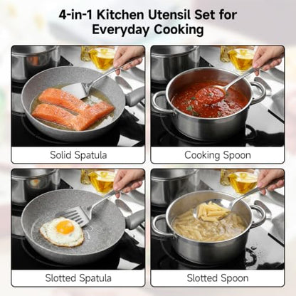 4PCS Stainless Steel Kitchen Cooking Utensils Spatula & Spoons Set | Solid & Slotted Turners, Serving & Slotted Spoons, Heat Resistant, For Flipping Fish, Eggs and Pancakes, Dishwasher Safe