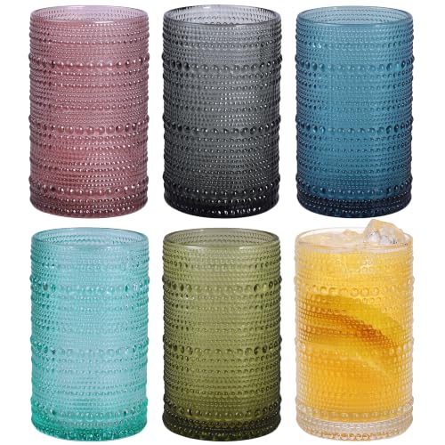 Moretoes Colored 12 Oz Hobnail Drinking Glasses Set of 6,Water Glass Cups | Highball Glasses Embossed Boho Kitchen Bar Tumbler Glassware Set for Whiskey, Beer, Juice, Milk and Various Mixed Drinks - color: Multicolor, size: 6pcs