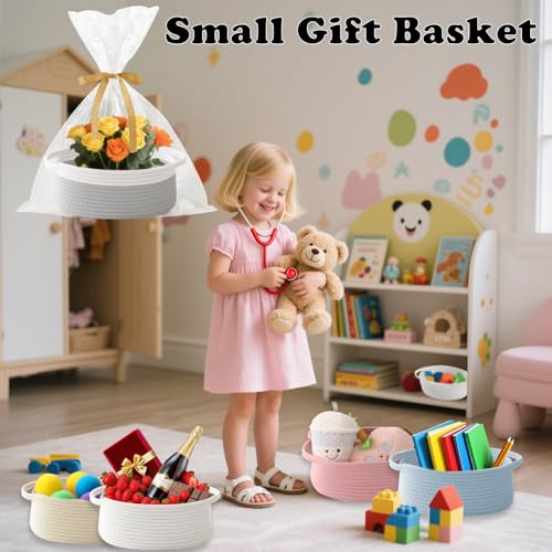 2 Pack Small Woven Rope Basket with Handles, White&Grey | Empty Gifts Basket with Bag and Ribbons, Cute Handle Organizer Box, Birthday/Baby Shower, Toy Storage - color: 2PC-White & Grey