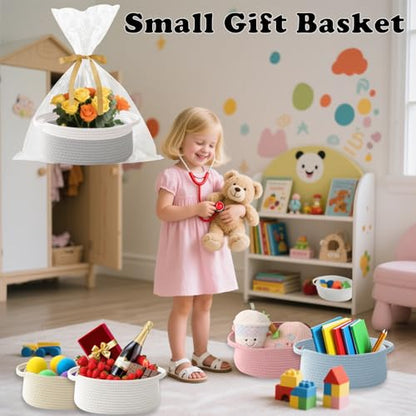 2 Pack Small Woven Rope Basket with Handles, White&Grey | Empty Gifts Basket with Bag and Ribbons, Cute Handle Organizer Box, Birthday/Baby Shower, Toy Storage - color: 2PC-White & Grey
