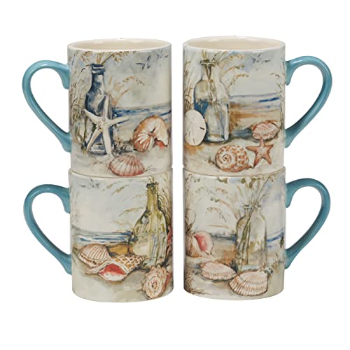 Coastal Landscape 16 oz. Ceramic Mugs – Set of 4 Assorted Beach Designs with Starfish, Shells & Ocean Bottles – Seaside Coffee Cups for Tea, Hot Cocoa, or Gifting – Blue Handle Accent - size: 5.125 inches x 4.25 inches