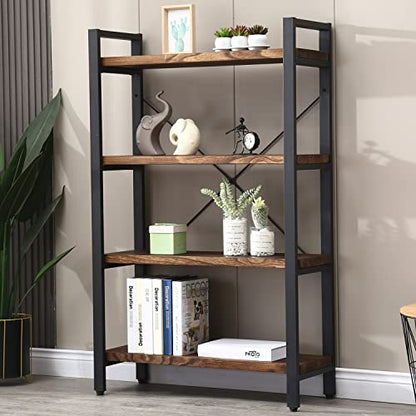 Solid Wood Bookshelf,4 Tier Rustic Vintage Industrial Etagere Bookcase, Open Metal and Wood Vintage Book Shelf, Retro Brown (RealWood)(4-Tier) - size: 4-Tiers-RealWood